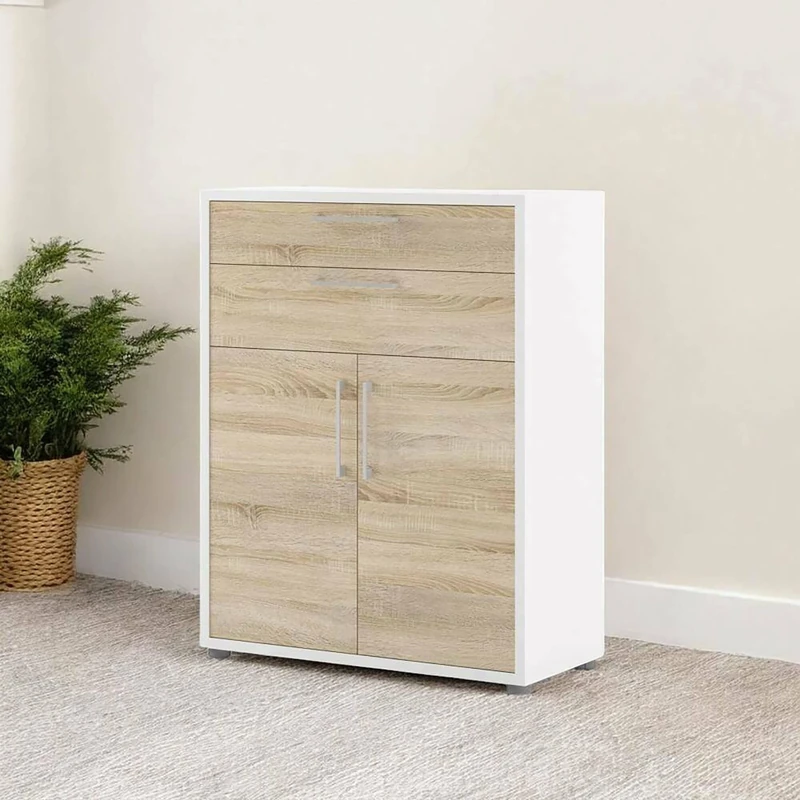 Dmora - Kommode Jemima, Wohnzimmerbuffet, Wohnzimmer-Sideboard, Moderne Küchen-Speisekammer, 89x40 h113 cm, Weiß und Eiche