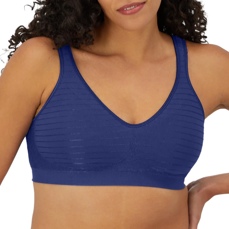 Bali Women's Wireless, Comfort Revolution Seamless Bra, ComfortFlex Fit, Moisture-Wicking, in the Navy Stripe, XL