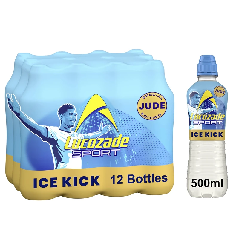 Lucozade Sport Ice Kick, Jude Bellingham Edition, 500ml (Pack of 12), Isotonic sports drink with electrolytes and vitamin B3 | Still | Bursting with flavour