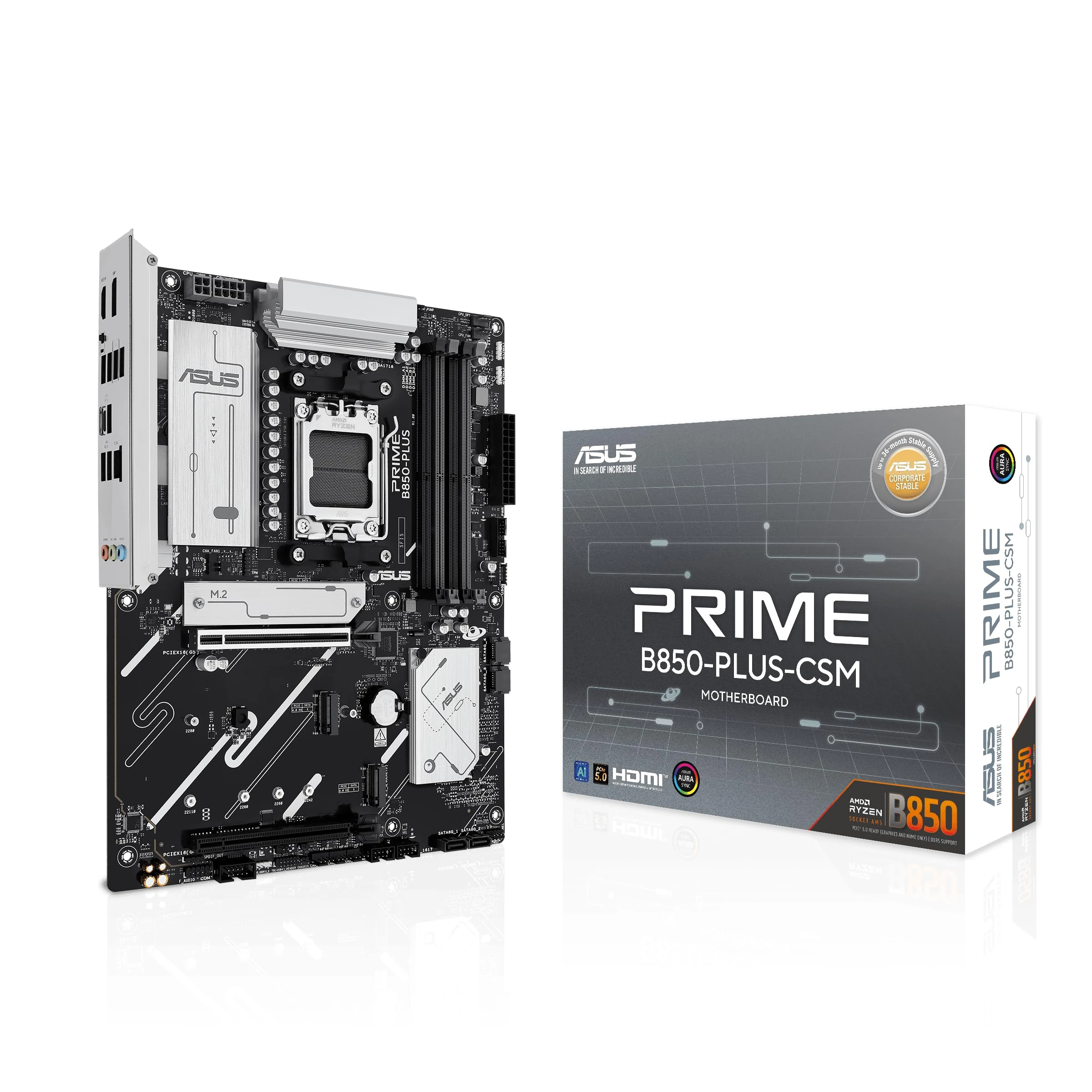 ASUS PRIME B850-PLUS-CSM, AMD ATX Motherboard, 8+2+1 Power Stages, DDR5 Slot, PCIe 5.0, 3 M.2 Slots, Wi-Fi 6E, Ethernet Realtek 2.5Gb, DisplayPort, HDMI, USB-A and USB-C 10Gbps, Aura Sync