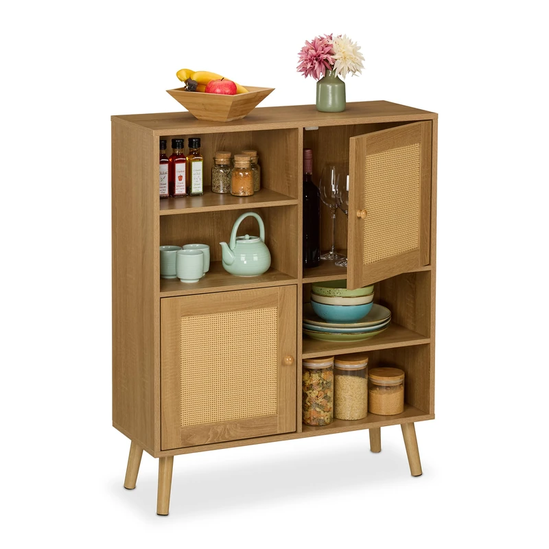 Relaxdays Sideboard, 2 Rattan Doors, 4 Shelves, 2 Compartments, 97x80x29 cm, Living Room & Kitchen Cabinet, Natural