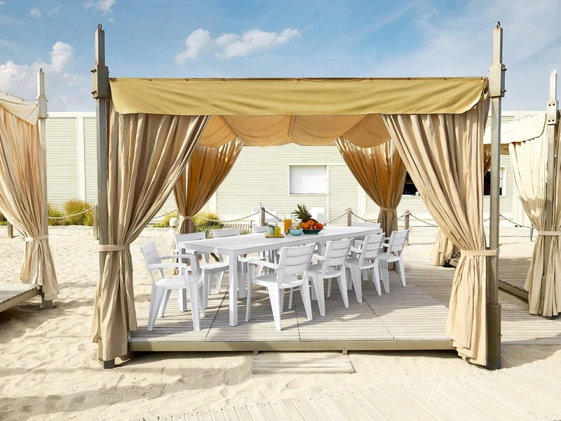 Dmora - Gartentisch Varda, Picknickbasis, Mehrfachposition Garten-Esstisch, Mehrzweck-Außenbank, Made in Italy, 292x86 h74 cm, Weiß