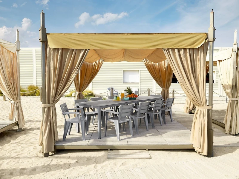 Dmora - Gartentisch Varda, Picknickbasis, Mehrfachposition Garten-Esstisch, Mehrzweck-Außenbank, Made in Italy, 292x86 h74 cm, Grau