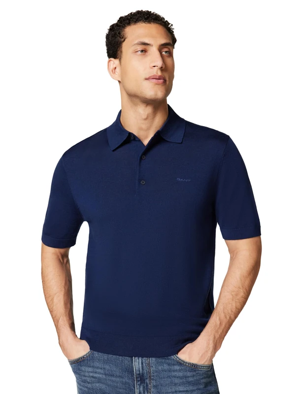 GANT Extrafine Merino Wool SS Polo Shirt, Navy, M - Image 1