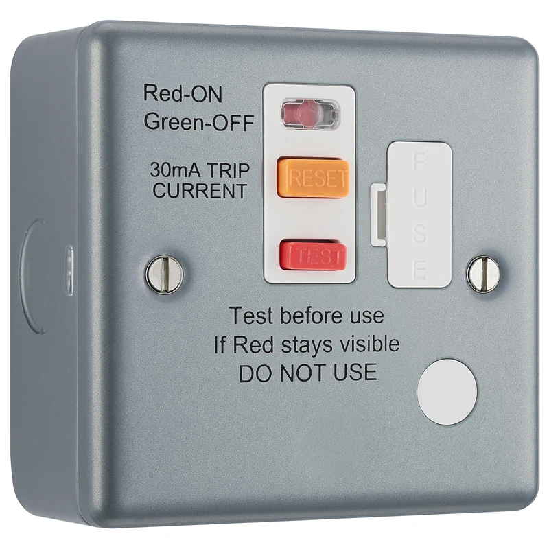 BG Electrical Unswitched Fused Spur Connection Unit with Type A RCD and Flex Outlet, Double Pole, Industrial Flat Profile, Scratch Resistant Steel, Metal Clad, Grey, 45A, MC554ARCD