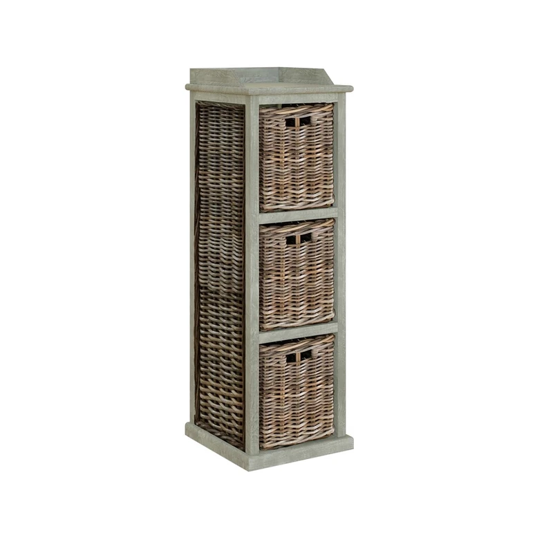 FWStyle Ready Assembled Solid Greywash Pine 3 Drawer Tall Storage Unit, Rustic Bedroom or Hallway Storage Cabinet with Deep Drawers, H120 x W39 x D40 cm