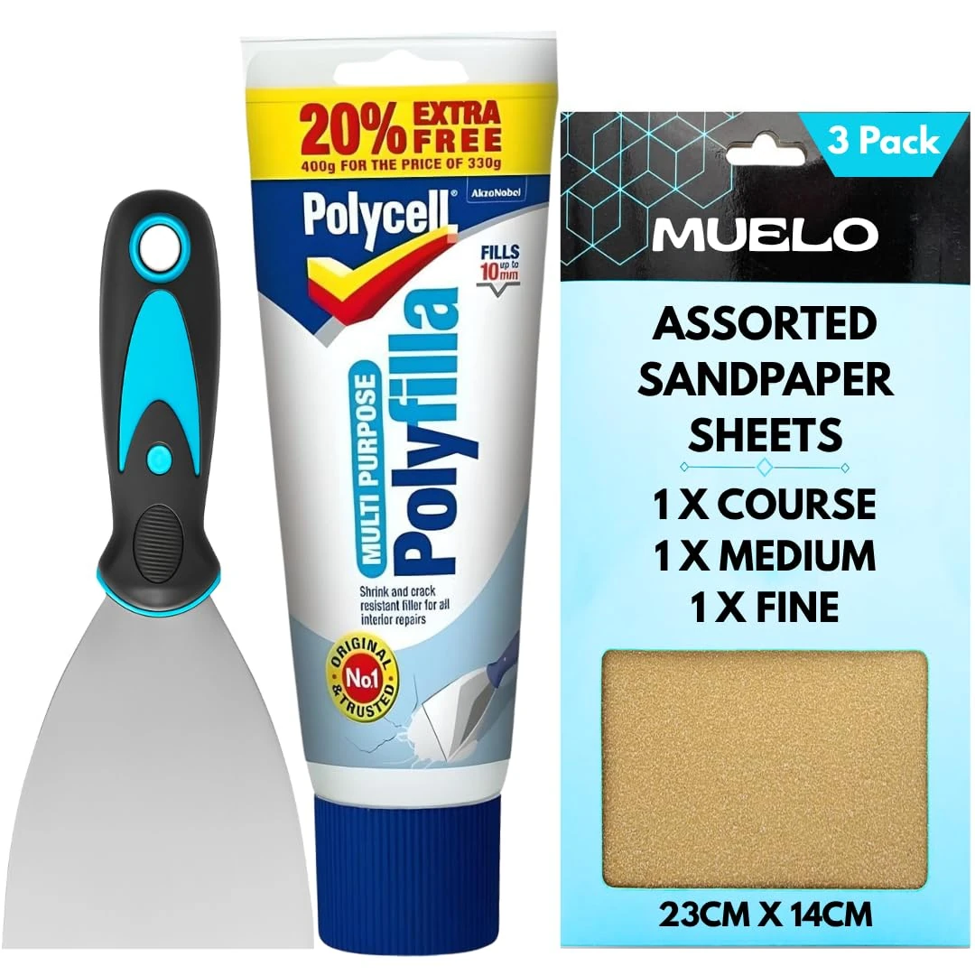 Polycell Polyfilla Ready Mixed Tube 396g All Purpose Filler Interior Exterior Plaster Wood Stone Cracks Holes Smooth Filler For Walls With Muelo Metal Wall Filler Tool 3" and 3 Mixed Grit Sandpapers