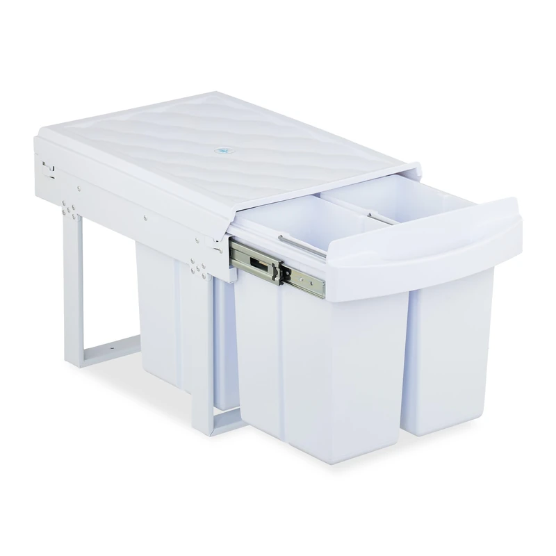 Relaxdays Pull Out Kitchen Bin, 4 Sections, 4 x 8L, 34.6x34x51.8 cm, Undersink, Built-in Rubbish Disposal, White, Steel, Plastic