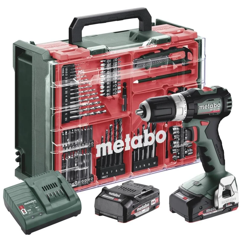 MetaboSB 18 L BL (613157710) Cordless Combi Drill Set with 2 LiPOWER 2.0Ah Batteries, SC 36 Charger and 78 Piece Mobile Workshop Accessory Set