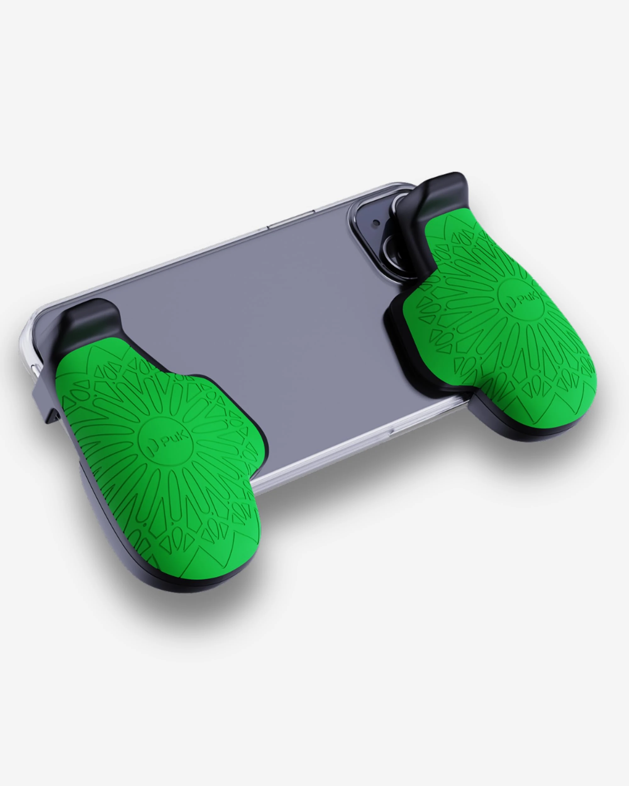 PUK Phone Gaming Grip - Black & Green Ergonomic Mobile Game Handle with Adhesive Pads - Mobile Game Controller Grip to Reduce Hand Fatigue - iPhone and Android Phone Gaming Accessories