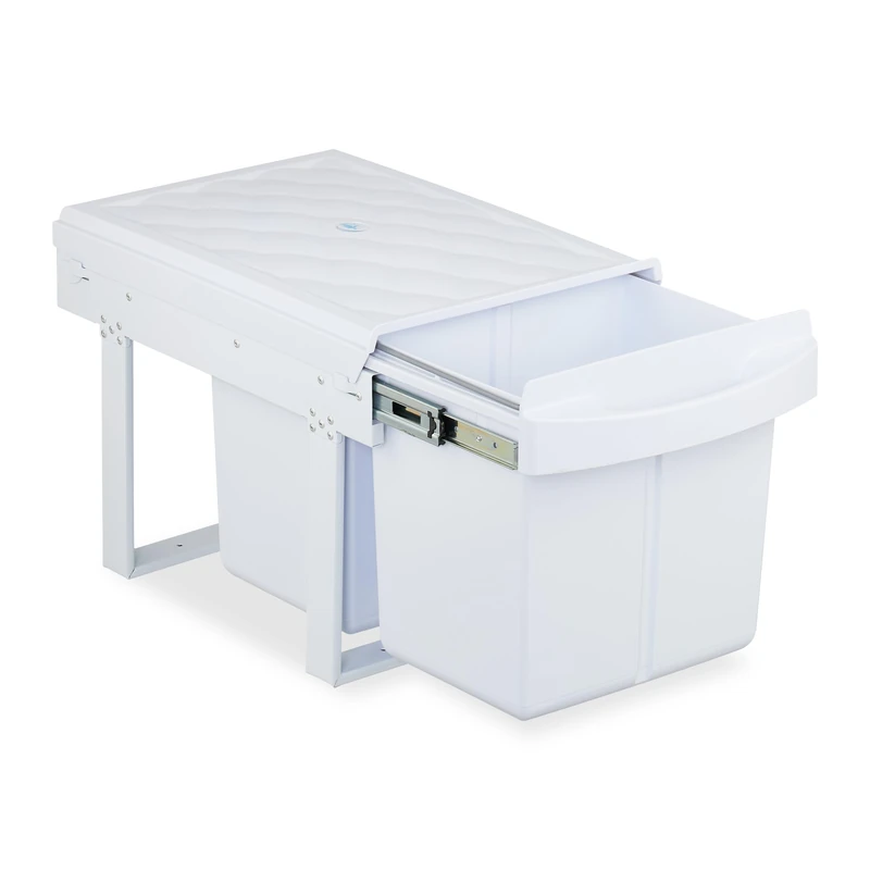 Relaxdays Pull Out Kitchen Bin, 2 Sections, 2 x 15L, 34.6x34x51.8 cm, Undersink, Built-in Rubbish Disposal, White, Steel, Plastic