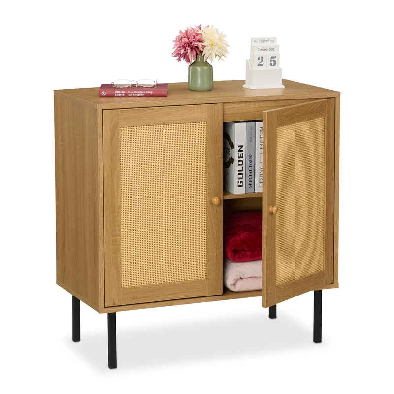 Relaxdays Sideboard, 80x80x40 cm, Kitchen Storage Cabinet, 2 Rattan Design Doors, Living Room Cupboard, Organizer Unit, Iron, Plastic, Fibreboard