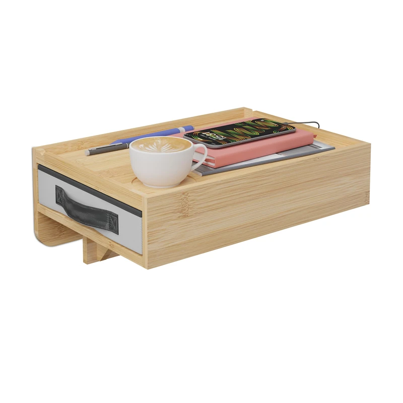 Relaxdays Clip-On Bedside Table, Bamboo, 14 x 37 x 26.5 cm, Drawer, Drink Holder, Hanging Tray, Floating Shelf, Natural, Iron, Polyester
