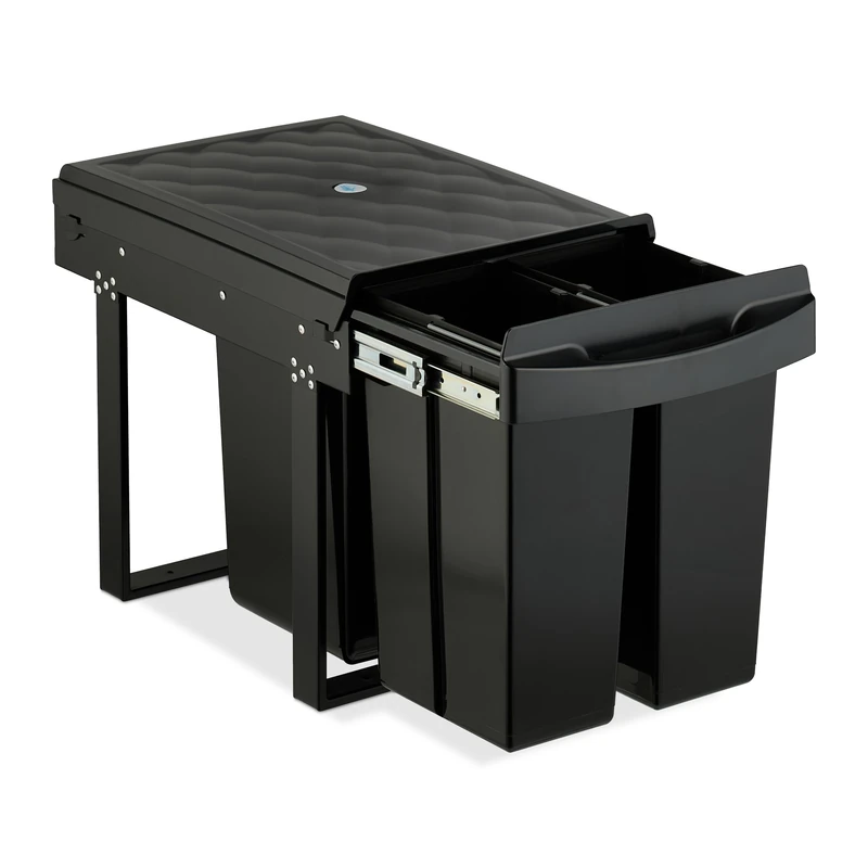 Relaxdays Pull Out Kitchen Bin, 3 Compartments, 20L, 2x 10L, 41.3x34x51.8 cm, Cupboard, Built-In Rubbish Disposal, Black