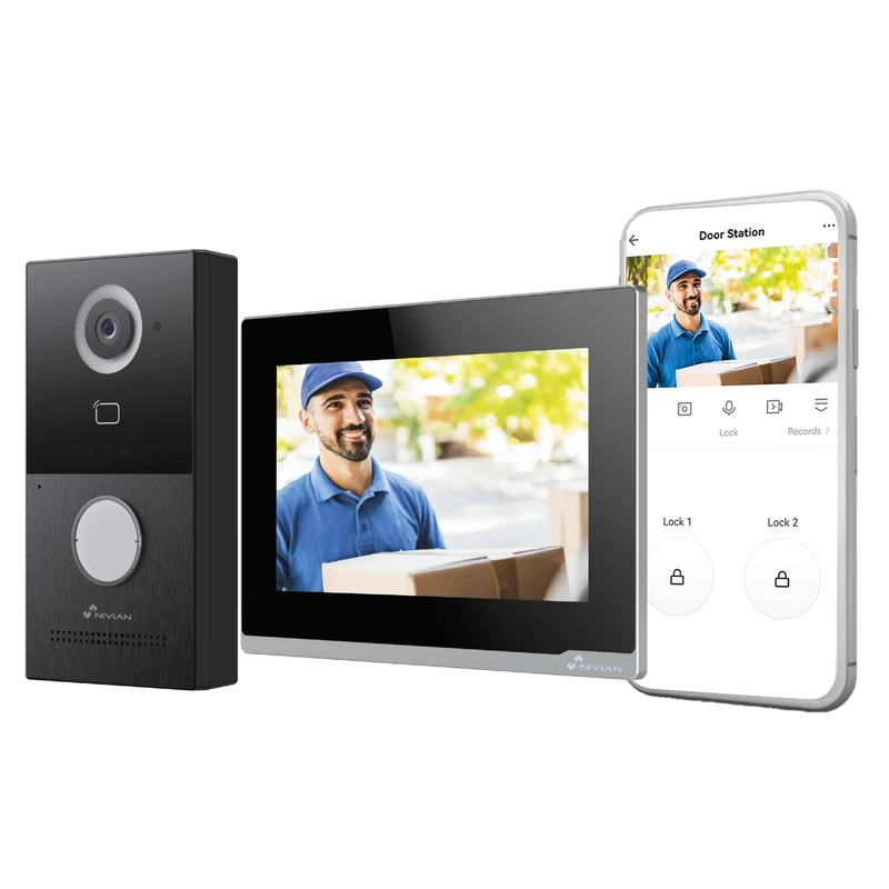 NIVIAN WiFi Smart Video Door Phone Full HD with Touch Monitor 7", 2 Wire Connection, Outdoor Camera 1080P IP65, Two-Way Audio, MicroSD Recording and Remote Control App Tuya