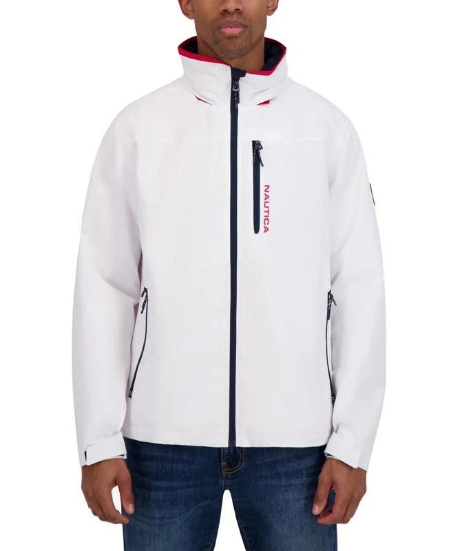 Nautica Men's Lightweight Sailing Jacket – Waterproof & Windproof, Breathable, Bright White, L