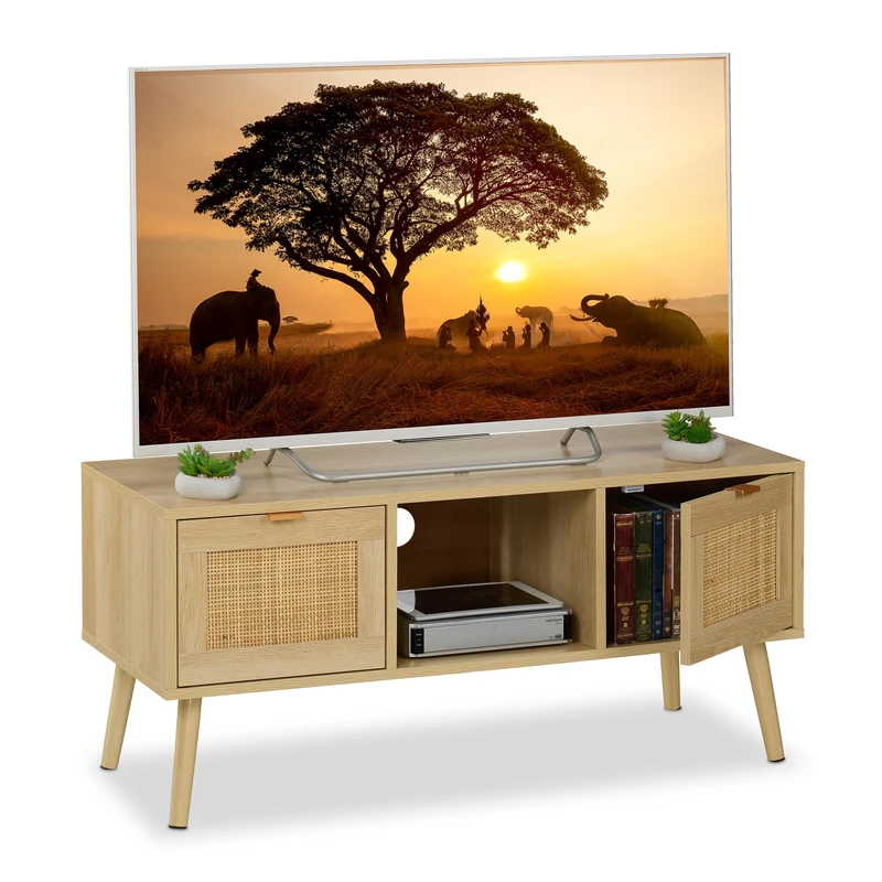 Relaxdays TV Stand, Rattan Design, Cabinet for Television up to 43 Inches, Wood Effect, HWD: 45.5x100x40 cm, Natural, Plastic, Fibreboard