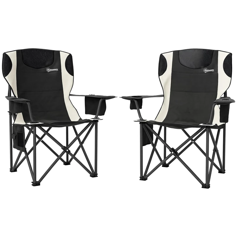 Outsunny Set of 2 Folding Camping Chairs, Padded Camping Chairs with Adjustable Armrests, Portable & Lightweight Folding Camp Chair with Cooler Bag, Cup Holder and Side Pockets, Black