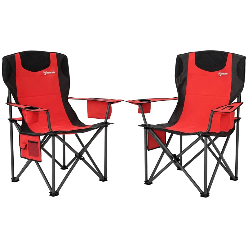 Outsunny Set of 2 Folding Camping Chairs, Padded Camping Chairs with Adjustable Armrests, Portable & Lightweight Folding Camp Chair with Cooler Bag, Cup Holder and Side Pockets, Red