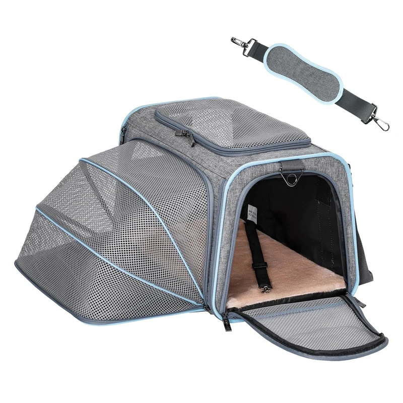 Petsfit Expandable Pet Carrier, Soft-Sided Portable Cat Carrier Dog Carrier, with Removable Plush Mat, Locking Safety Zippers and Pockets