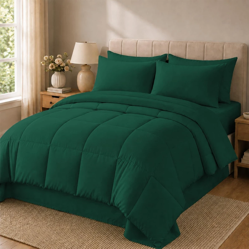 Anluoer Full Comforter Set 7 Piece, Emerald Green Bed in a Bag with Sheets, Comforters Full Size Bedding Sets with 1 Comforter, 2 Pillow Shams, 2 Pillowcases, 1 Flat Sheet,1 Fitted Sheet