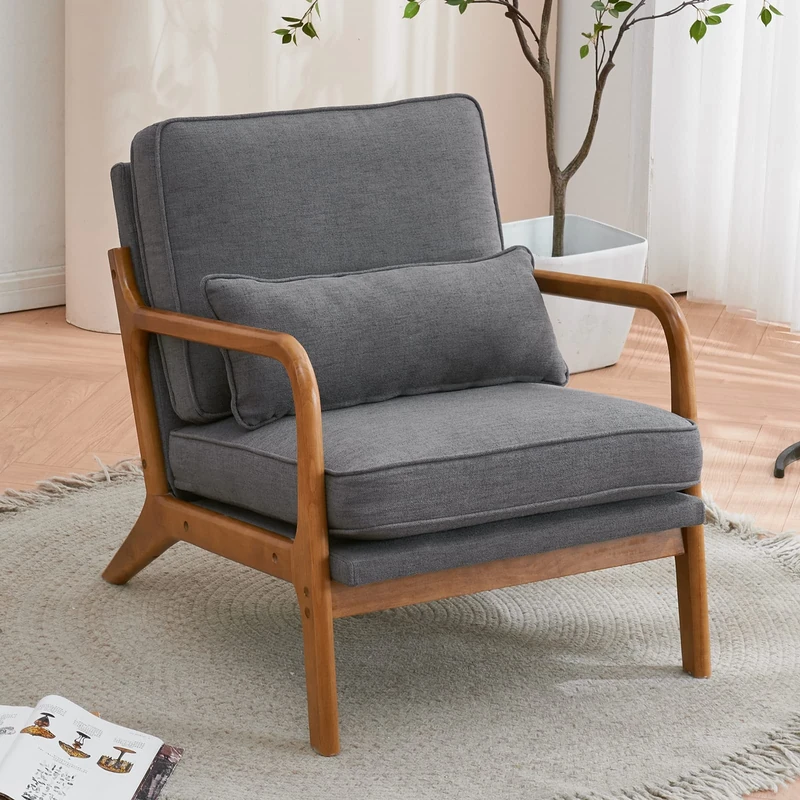 Bonnlo Accent Chair, Soild Wood Padding Lounge Armchairs, Occasional Reading Chair with Cushions and Lumbar Pillow, Armchairs for Living Room, Bedroom, Guest Room, Fabric, Deep Grey