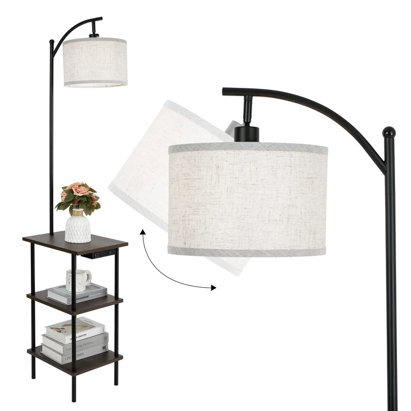 LuminexDesigns Walnut Wood Floor Lamp with Shelf, Adjustable Linen Shade, USB & Type-C Charging, 3-Tier Storage Standing Lamp for Living Room, Bedroom, Office