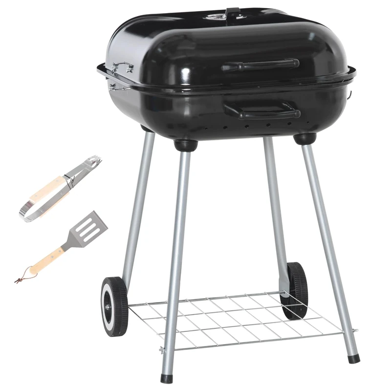 Outsunny Portable BBQ Charcoal Grill with 2 Wheels and Cooking Utensils, Smoker Grill with Lid for Outdoor Barbecues, Camping, Picnic, Courtyard