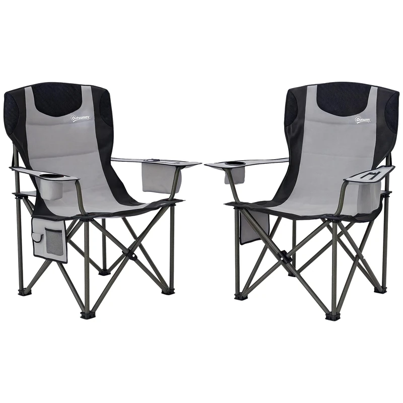 Outsunny Set of 2 Folding Camping Chairs, Padded Camping Chairs with Adjustable Armrests, Portable & Lightweight Folding Camp Chair with Cooler Bag, Cup Holder and Side Pockets, Grey