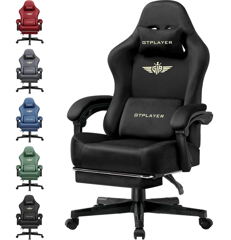 GTPLAYER Gaming Chair Breathable Ergonomic Fabric Ergonomic 160 Degree Adjustable Backrest and Extendable Footrest Dark Black