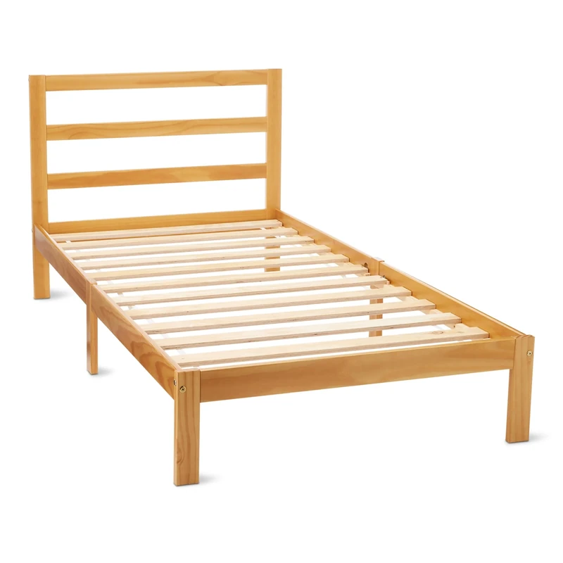 Amazon Basics Single Bed Frame with Headboard, Solid Pine Wood with Bed Slats, 90 x 190 cm, Single, Oak Finish