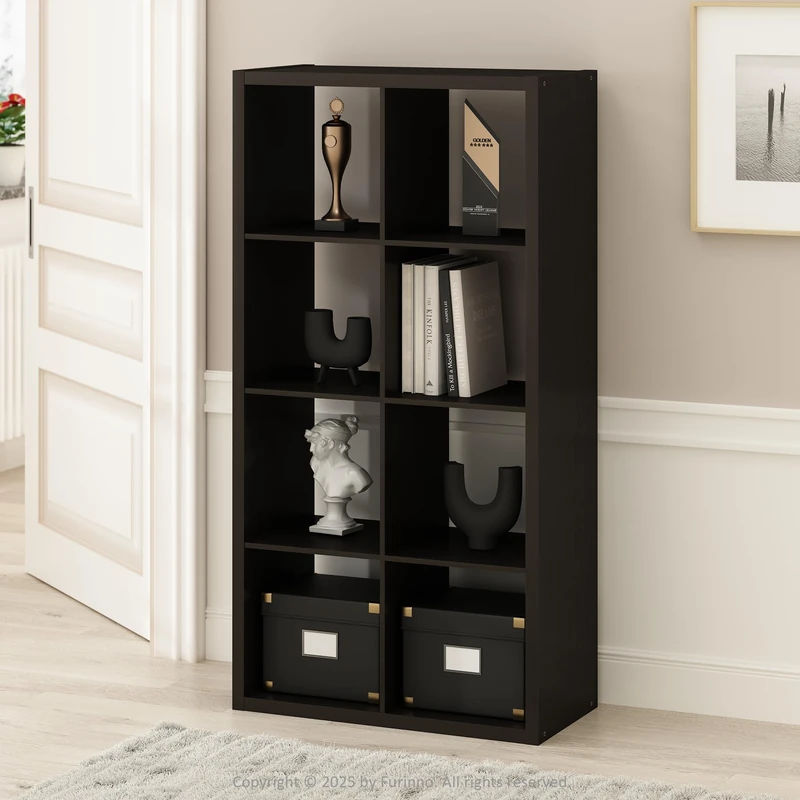 Furinno SIMPLE Cube Storage Organizer, 8-Cube Display Shelf, Open Back Shelving Unit, Storage Shelves, Extra Thick Frame, for Organization and Storage, Living Room, Home Office, Dark Oak