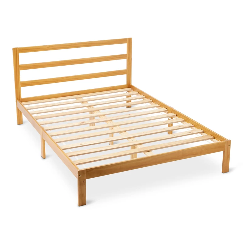 Amazon Basics Double Bed Frame with Headboard, Solid Pine Wood with Bed Slats, 135 x 190 cm, Double, Oak Finish