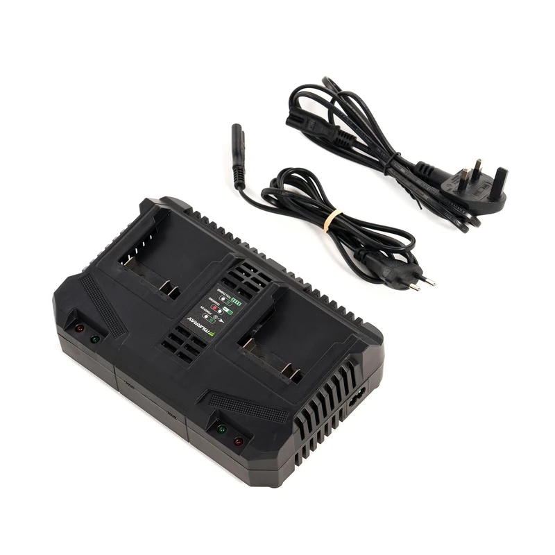 Murray Dual Charger 20V MU-BAT-DC4A – Fast Charger with 4A Charging Current – 2 USB-C Ports, LED Indicator – Includes EU & UK Plugs – Suitable for 20V Batteries