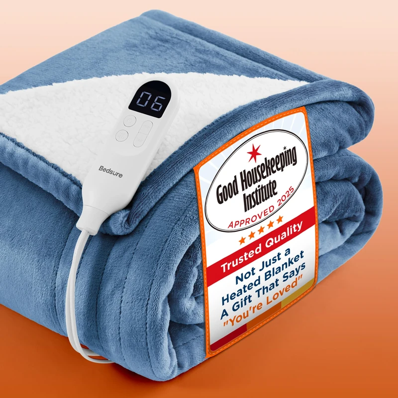 Bedsure Electric Blanket Heated Throw - 6 Heat Levels & 10 Timer Settings, Ultra-Soft Flannel & Sherpa Fast Heating Throw, 130x160cm, Overheat Protection, Navy Blue