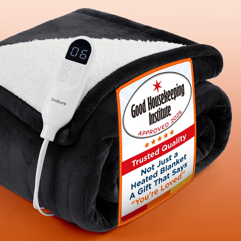 Bedsure Electric Blanket Heated Throw - 6 Heat Levels & 10 Timer Settings, Ultra-Soft Flannel & Sherpa Fast Heating Throw, 130x160cm, Overheat Protection, Black