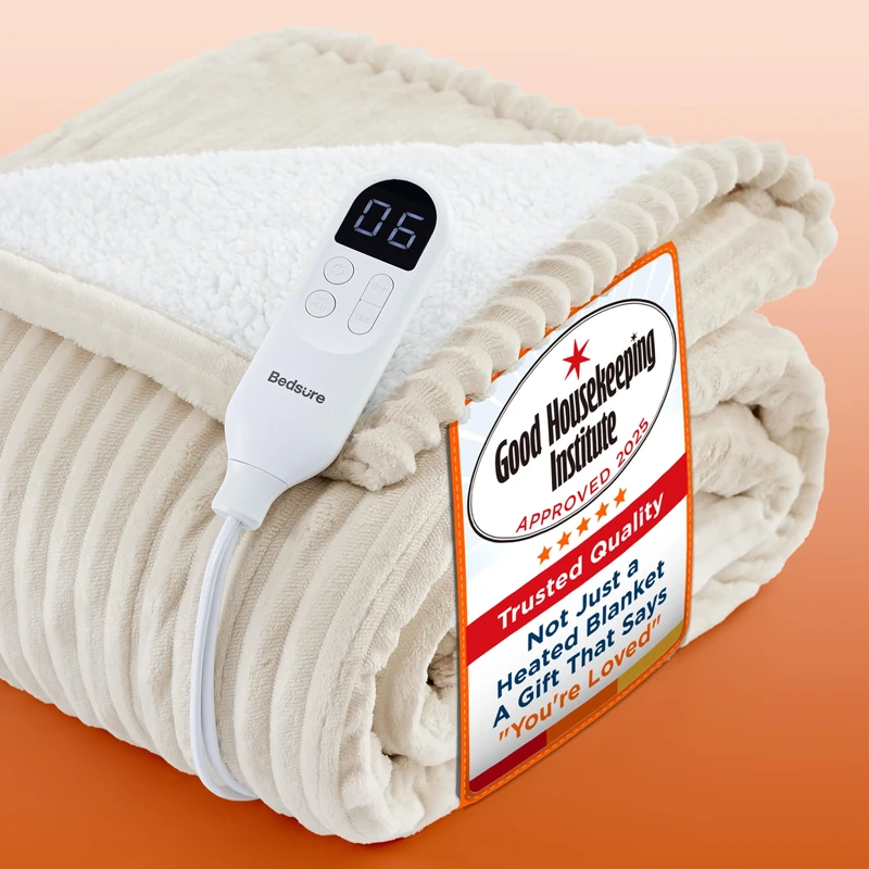 Bedsure Heated Blanket Electric Throw - Ribbed Flannel Electric Blanket, Heating with 10 Time Settings, 6 Heat Settings, Overheat Protection, 130x160cm, Striped Cream