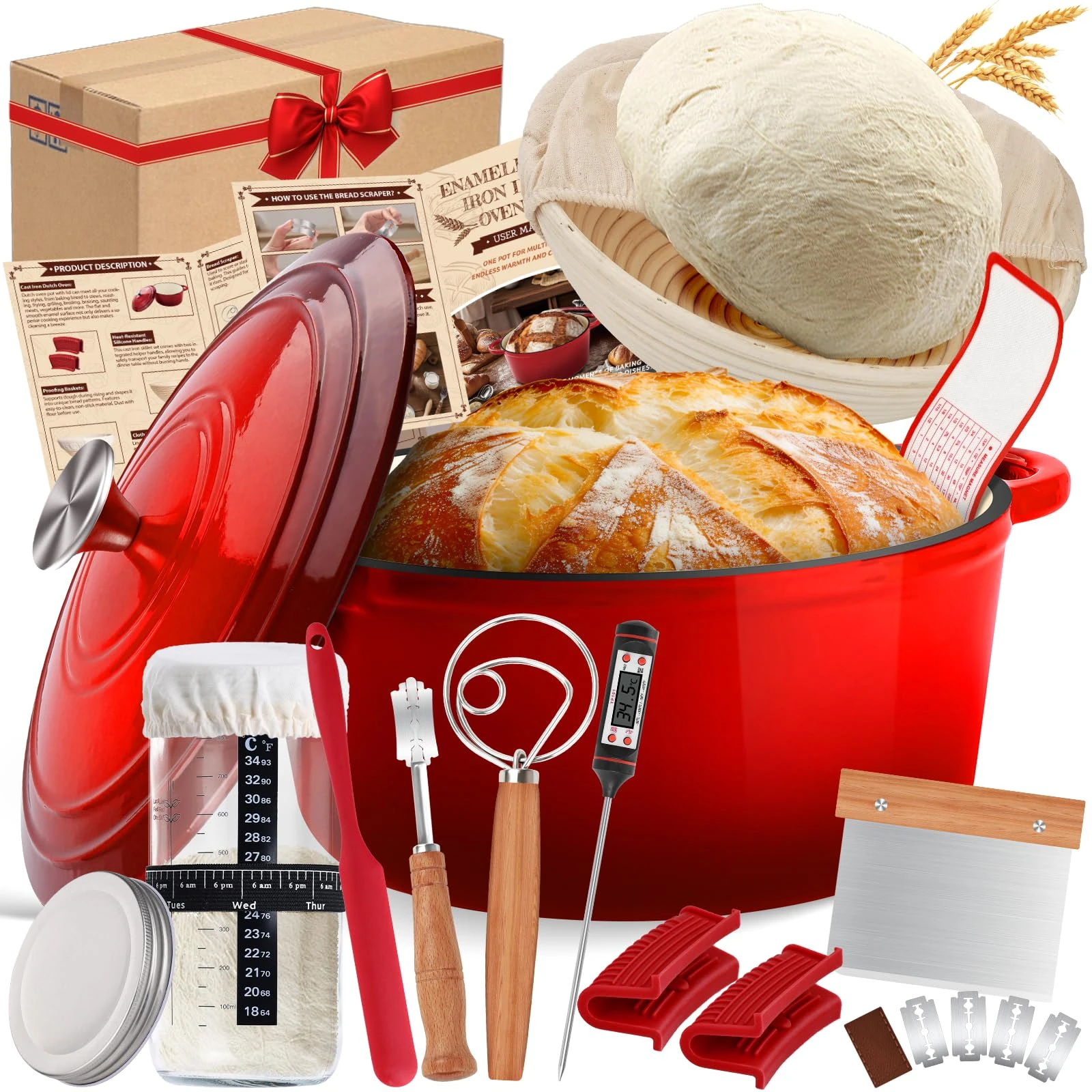 NZQXJXZ 26cm Enamelled Cast Iron Pot Round Dutch Oven, 4.7L Casserole Dishes with Lids Oven Proof for Cookware, Braising, Stews, Roasting, Bread Baking - Cherry red