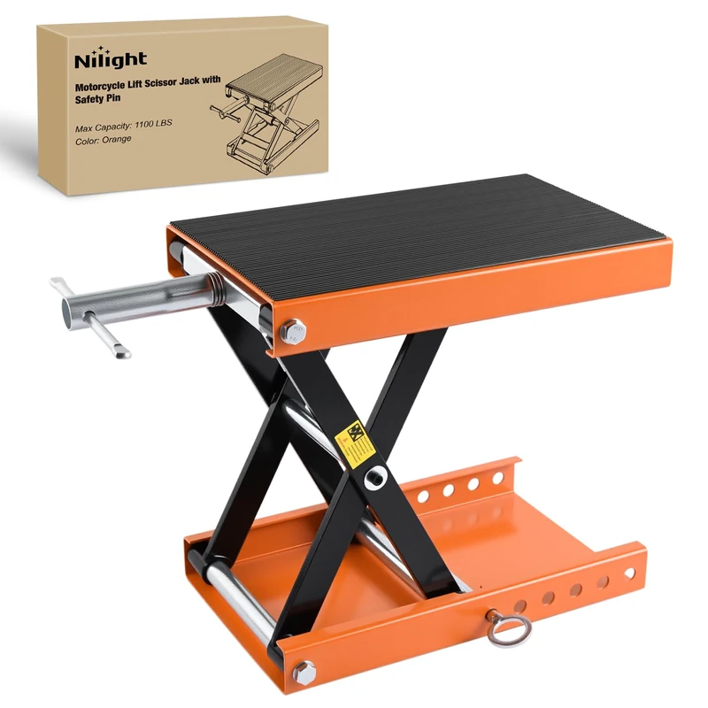 Nilight Motorcycle Lift Jack 1100 LBS Scissor Jacks Stand Lift with Wide Deck Safety Pin Handle 3.4"-14.2" Height Adjustable Hoist Stand Garage Repair Lifter for Motorcycles ATV Dirt Bike, Orange