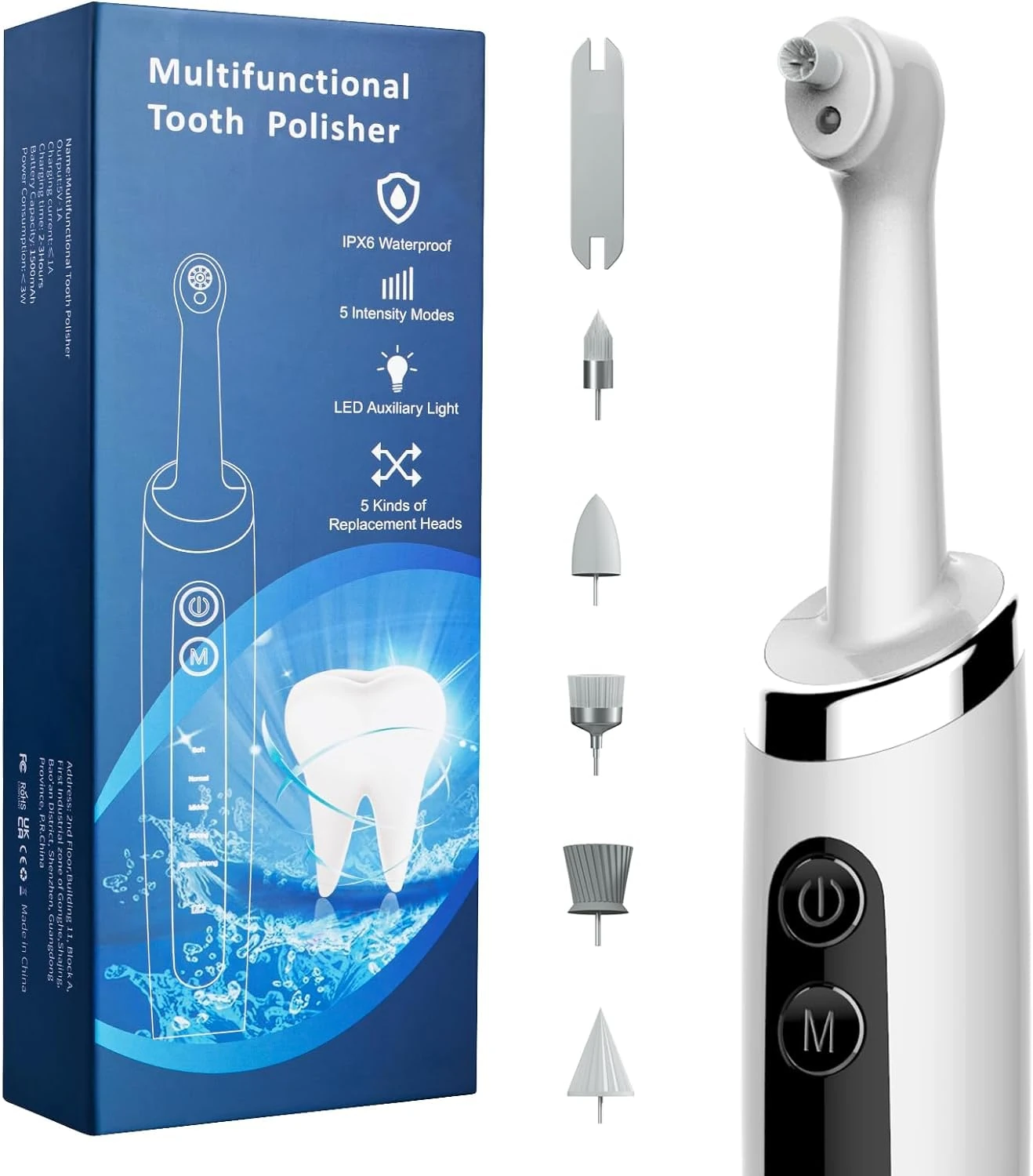 Electric Tooth Polisher Rechargeable – 5 Intensity Modes LED Light IPX6 Waterproof with 5 Replaceable Heads for Home Oral Care