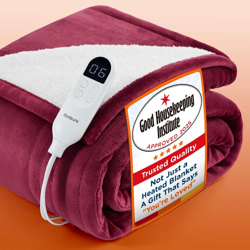 Bedsure Electric Blanket Heated Throw - 6 Heat Levels & 10 Timer Settings, Ultra-Soft Flannel & Sherpa Fast Heating Throw, 130x160cm, Overheat Protection, Red
