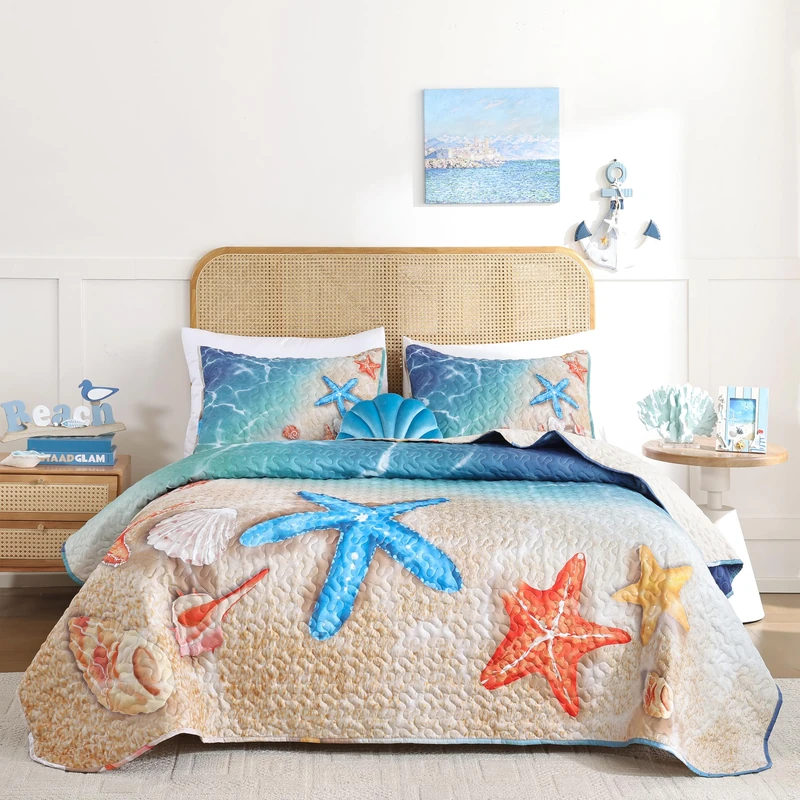 weigelia Coastal Beach Quilt Set - 3 Piece Queen Bedding - Image 1