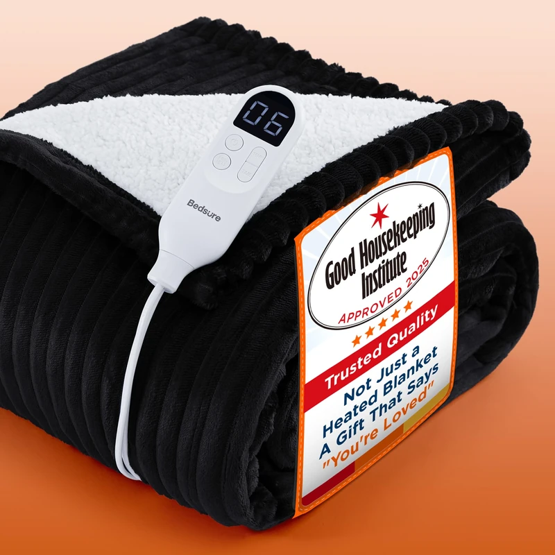 Bedsure Heated Blanket Electric Throw - Ribbed Flannel Electric Blanket, Heating with 10 Time Settings, 6 Heat Settings, Overheat Protection, 130x160cm, Striped Black