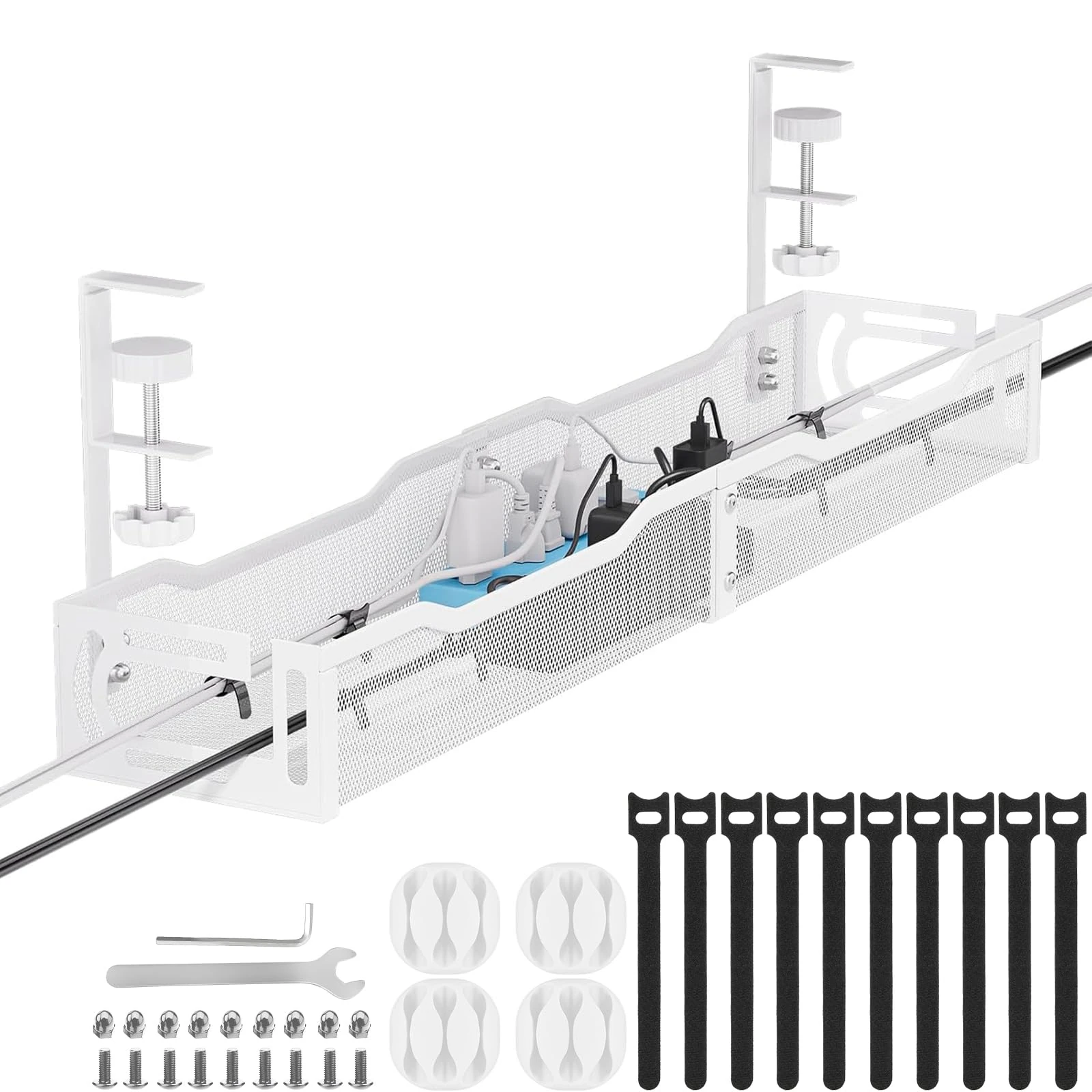 Tivddikun Cable Management, 25''/64CM Long Under Desk Cable Management No Drill, Metal Cable Tidy with Clamp for Standing Desk, Cable Organiser for Home Office, White