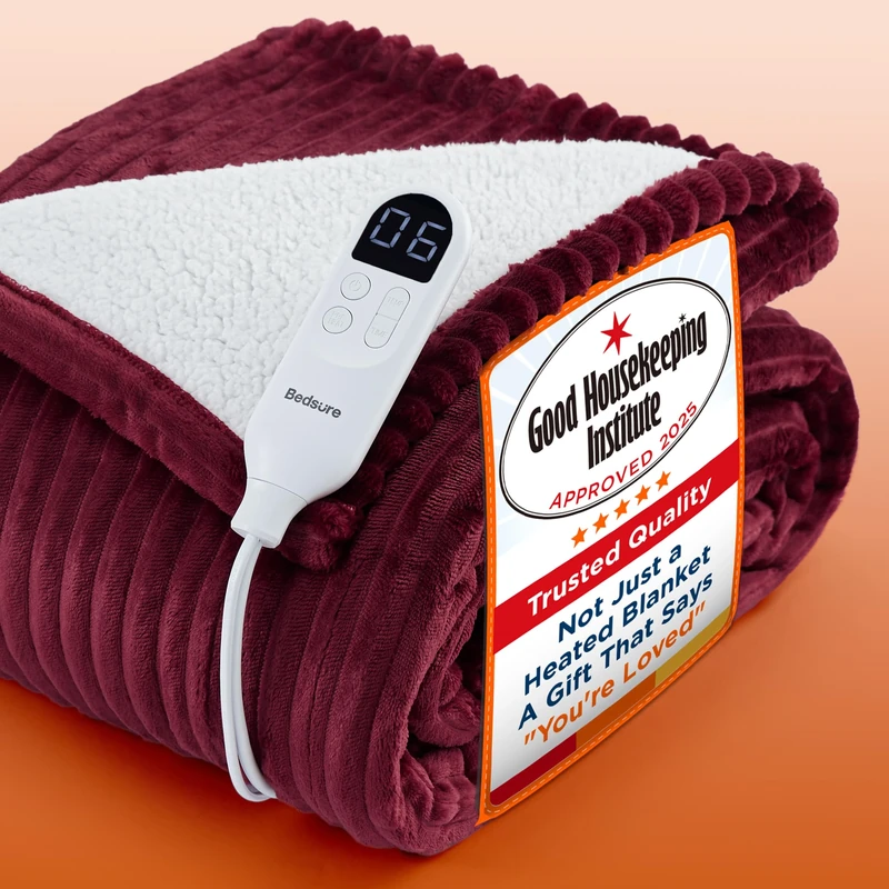 Bedsure Heated Blanket Electric Throw - Ribbed Flannel Electric Blanket, Heating with 10 Time Settings, 6 Heat Settings, Overheat Protection, 130x160cm, Striped Red