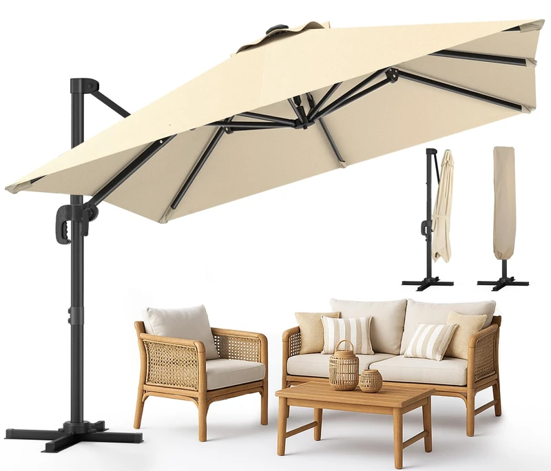 VOUNOT® 3x3m Cantilever Parasol with 360° Rotation & Tilt, Square Garden Umbrella with Crank, UV & Water-Resistant Canopy, Cover Included, Beige