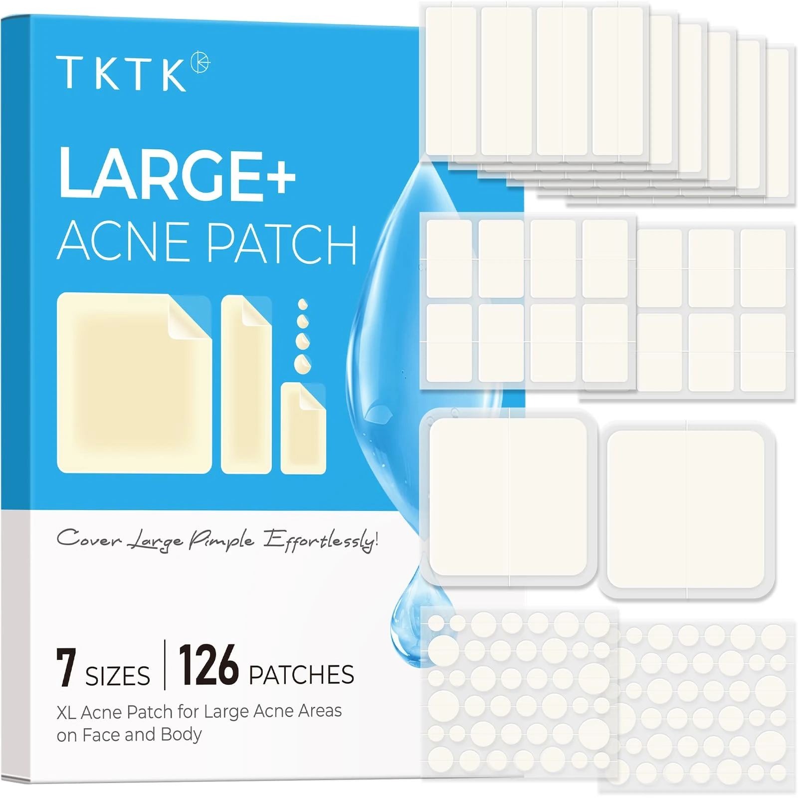 TKTK Large Pimple Patches for Face, 7 Sizes XL Acne Patches, Big Hydrocolloid Bandages for Body, Chin, Forehead, Chest, Back Zit Breakouts, Hydrocolloid Patch (7 Sizes 126 Count)