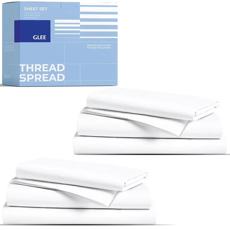 THREAD SPREAD 2-Pack Twin Cotton Sheets Sets - 400 Thread Count 100% Cotton Sateen Weave - Extra Soft, Breathable, Hotel Quality Cooling Sheets, 2 Sets of Twin Size Deep Pocket Bed Sheets (White)