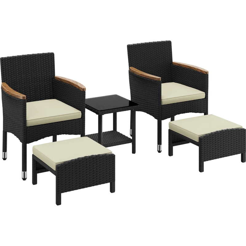 Yaheetech 5 Pieces Patio Furniture Set, PE Wicker Conversation Set Cushionsed Chair with Tempered Glass Table and Ottomans for Balcony, Yard, Lawn, Garden Black/Beige