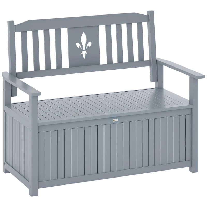 Outsunny 2 Seater Garden Storage Bench, 164L Outdoor Storage Box with Backrest Flower Pattern, Wooden Garden Bench with Armrests, 125 x 68.5 x 97cm, Grey